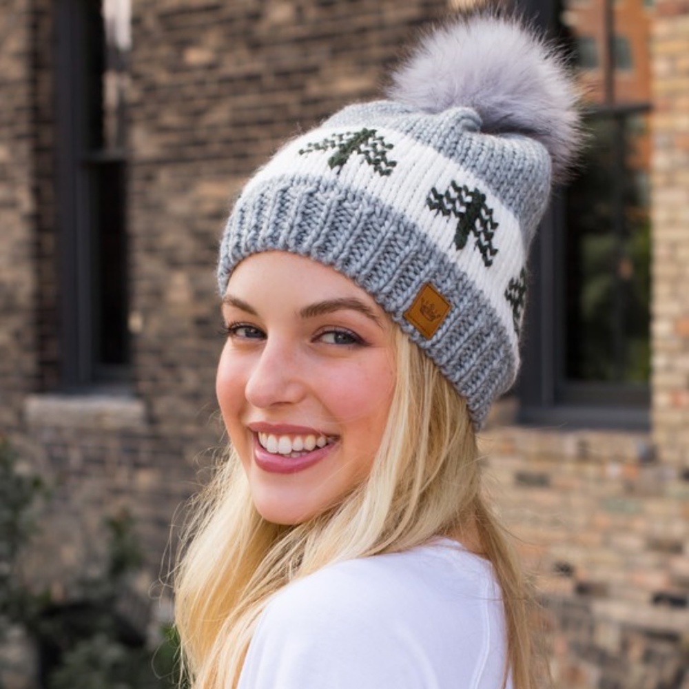 Gray White Green Pine Evergreen Tree Holiday Knit Faux Fur Pom Beanie Winter Hat - Picture 3 of 4